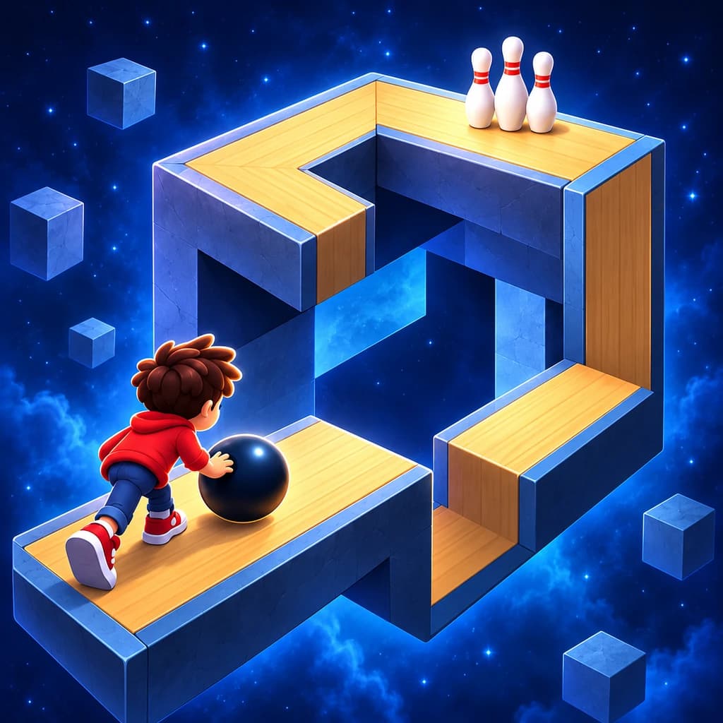 Cosmic Escher Bowling Puzzle: a boy rolls a bowling ball along an impossible Escher-style lane floating in space
