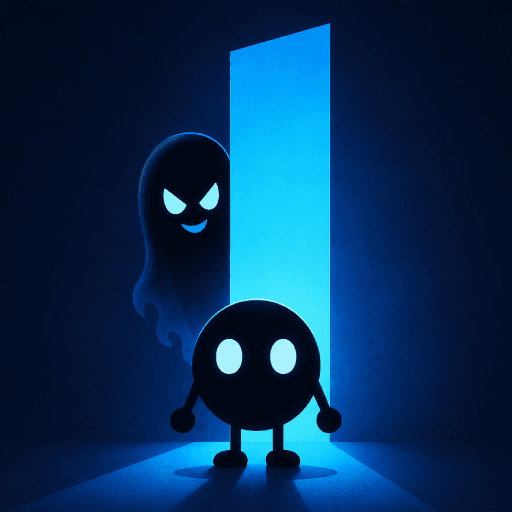 Darkness Escape key art: a small round hero stands in a glowing doorway while a ghost lurks behind