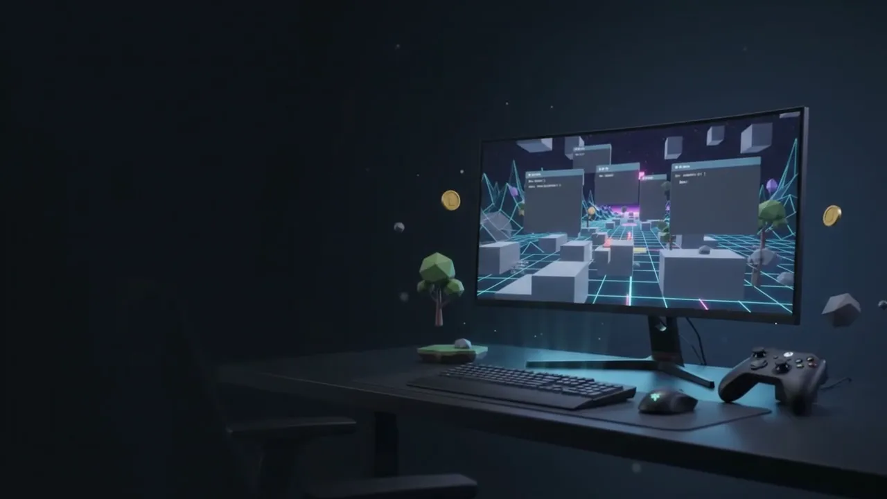 A dark studio desk: an ultrawide monitor shows a neon game level beside a controller